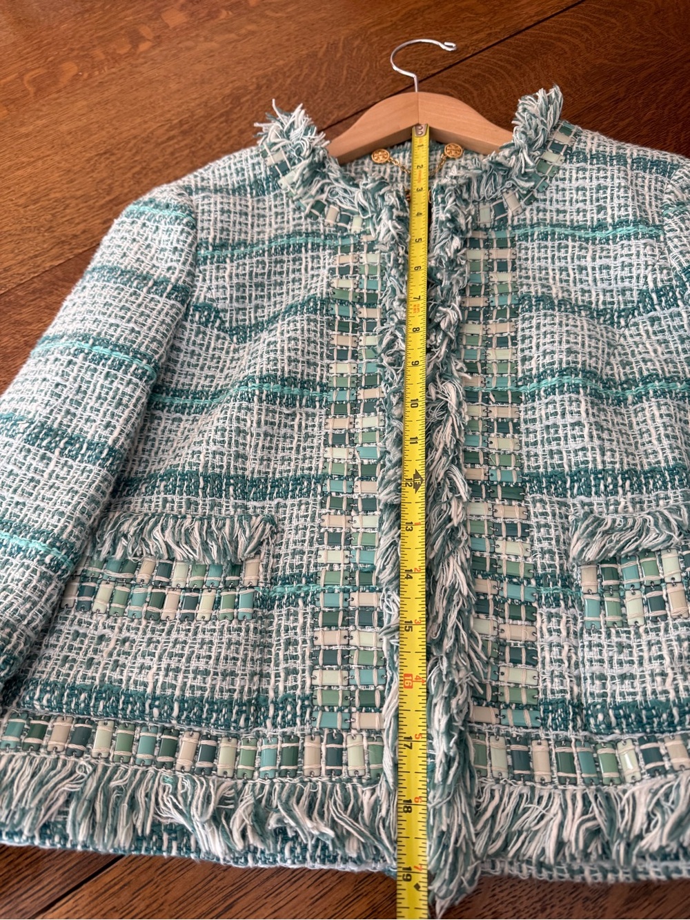 Tory Burch light green and white Tweed jacket with Fringe Trim - Picture 6 of 8